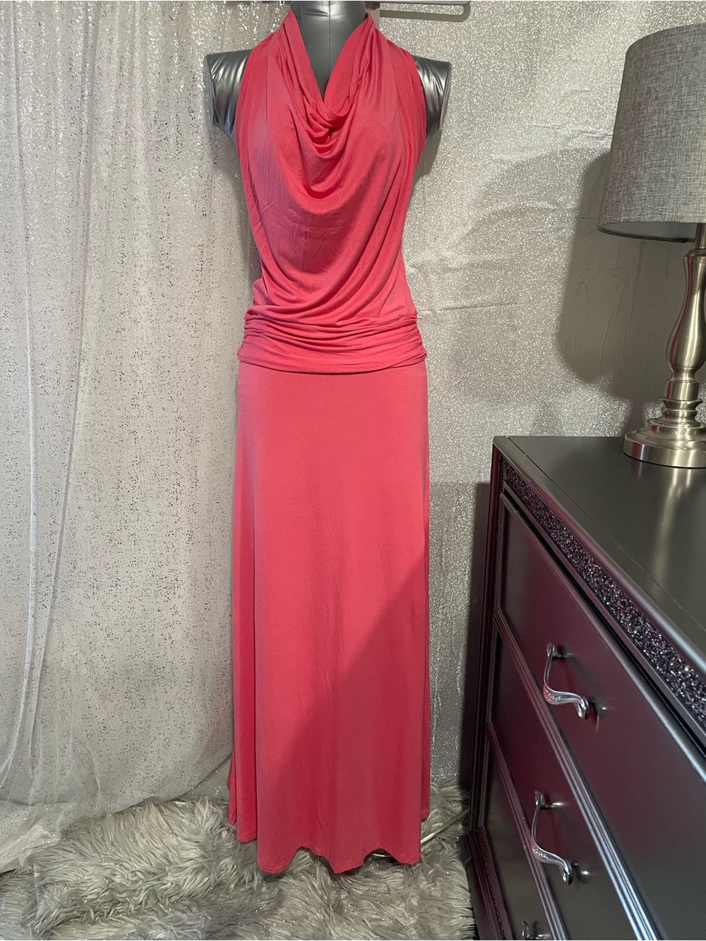 PattyBoutik Coral Pink Cowl Neck Maxi Dress